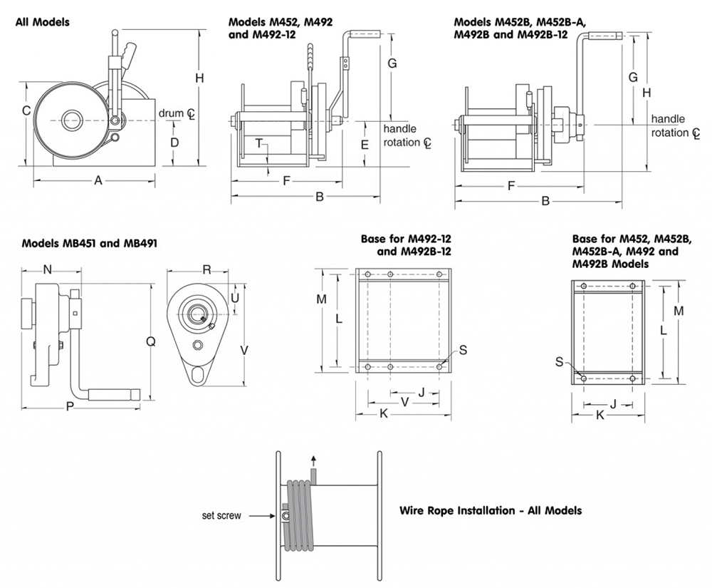 Dimensions for spur gear double reduction winches